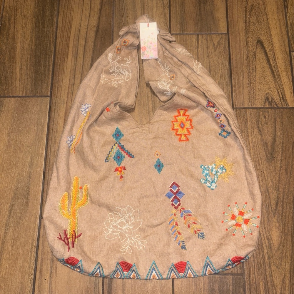 JOHHNY WAS Patchwork Embroidered Beige Hobo Bag